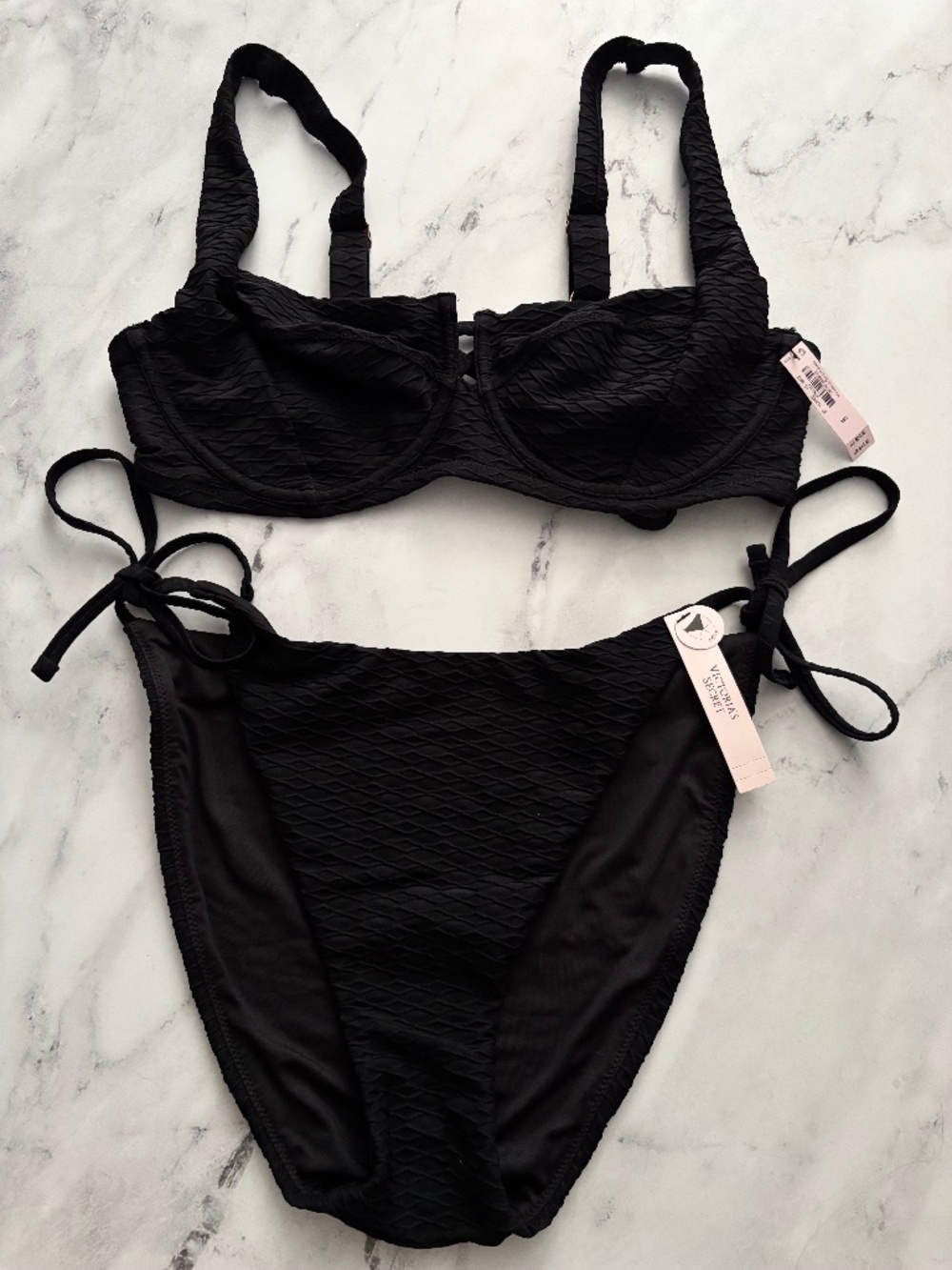 Victoria's Secret Swim Bikini Set Black Textured Nwt Underwire Top Cheeky 38D XL